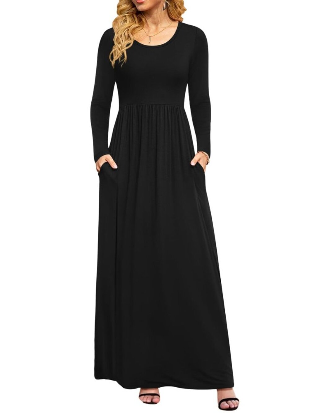 Women Casual Long Sleeve Maxi Dresses Empire Waist Long Dress with Pockets